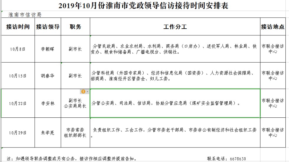 淮南市2019年10月领导接访安排表